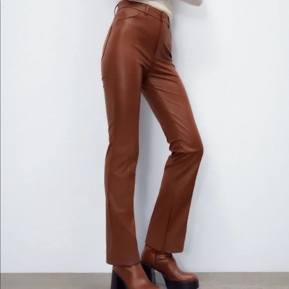 ZARA Faux Leather High Waisted with Zipper Flare Pants in Chocolate Brown Size S - Picture 1 of 7